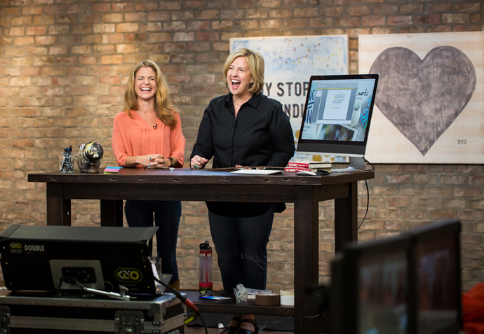 Brené Brown & Glennon Melton laughing on set of The Wisdom of Story